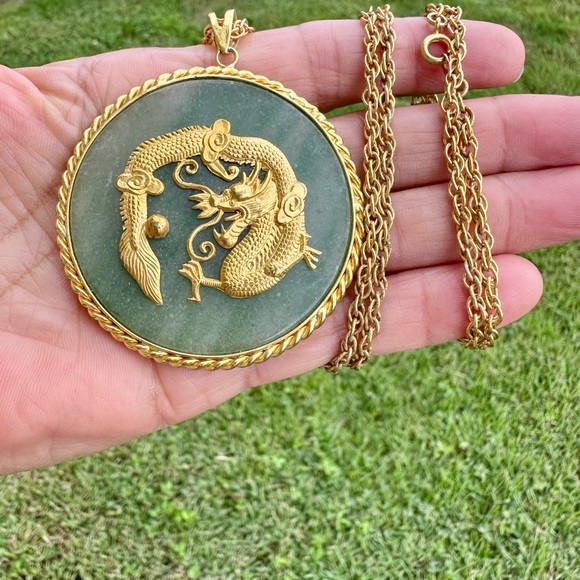 Vintage Jade Dragon & Phoenix Pendant Necklace - Gold Tone - 28” Rope Chain - Picture 1 of 7